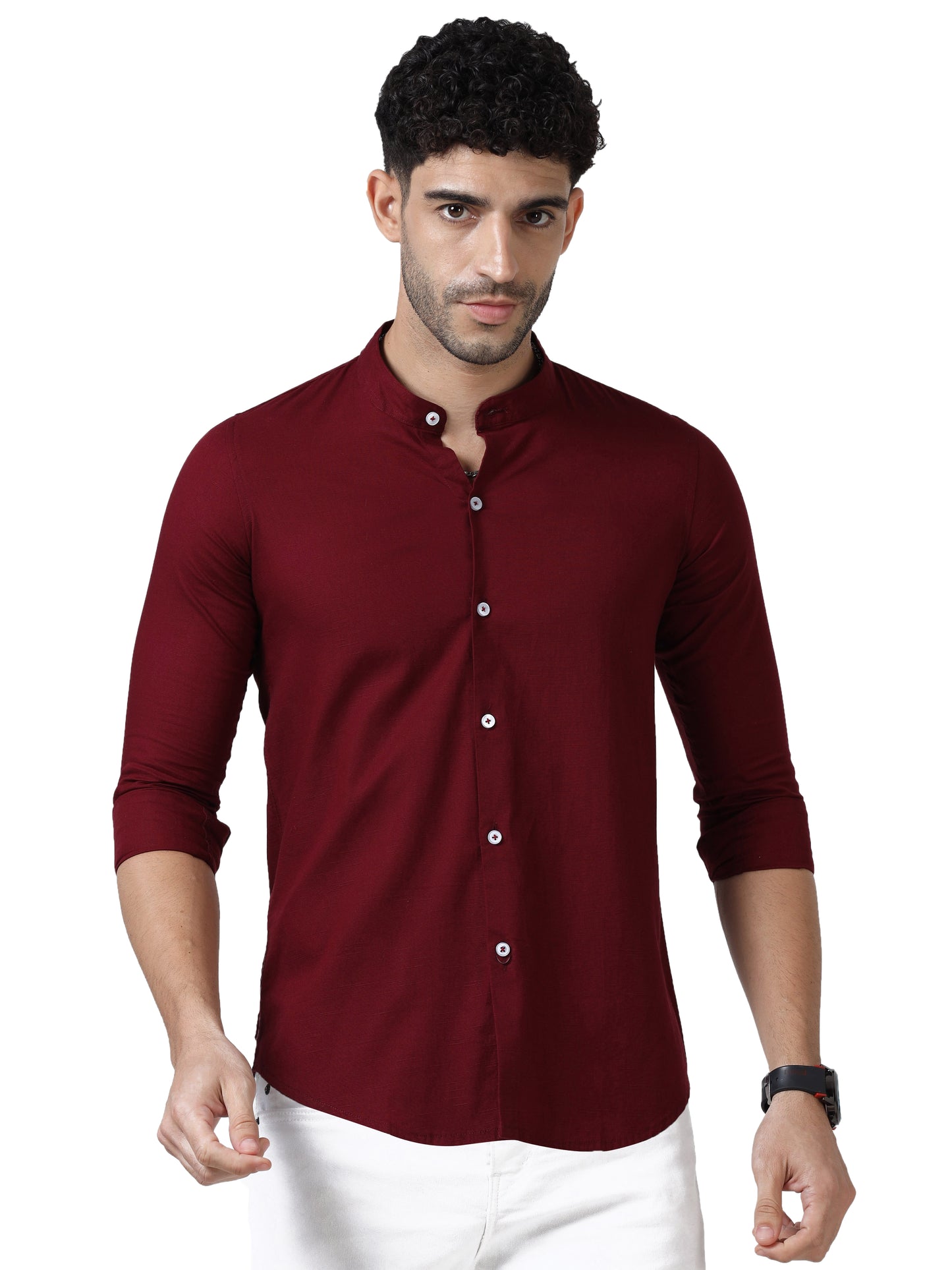 Cotton Chinese Collar Shirt - Red