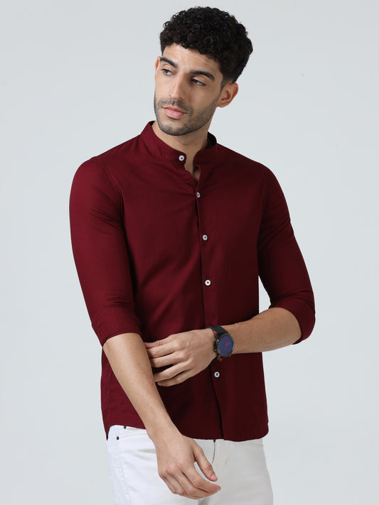 Cotton Chinese Collar Shirt - Red