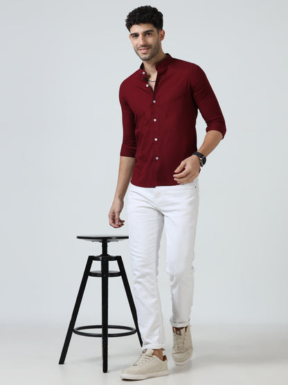 Cotton Chinese Collar Shirt - Red