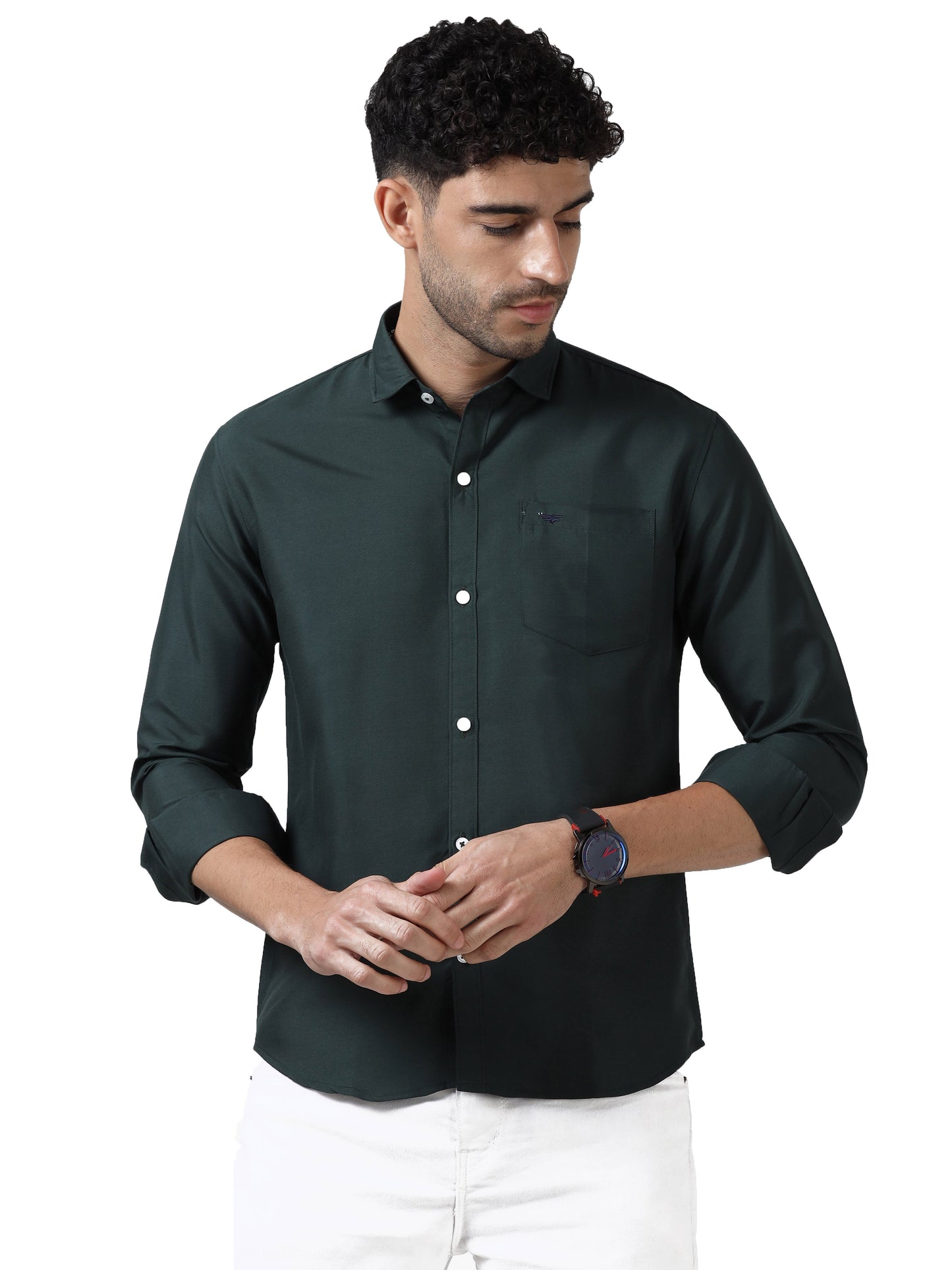 Cotton Spread Collar Shirt - Dark Green