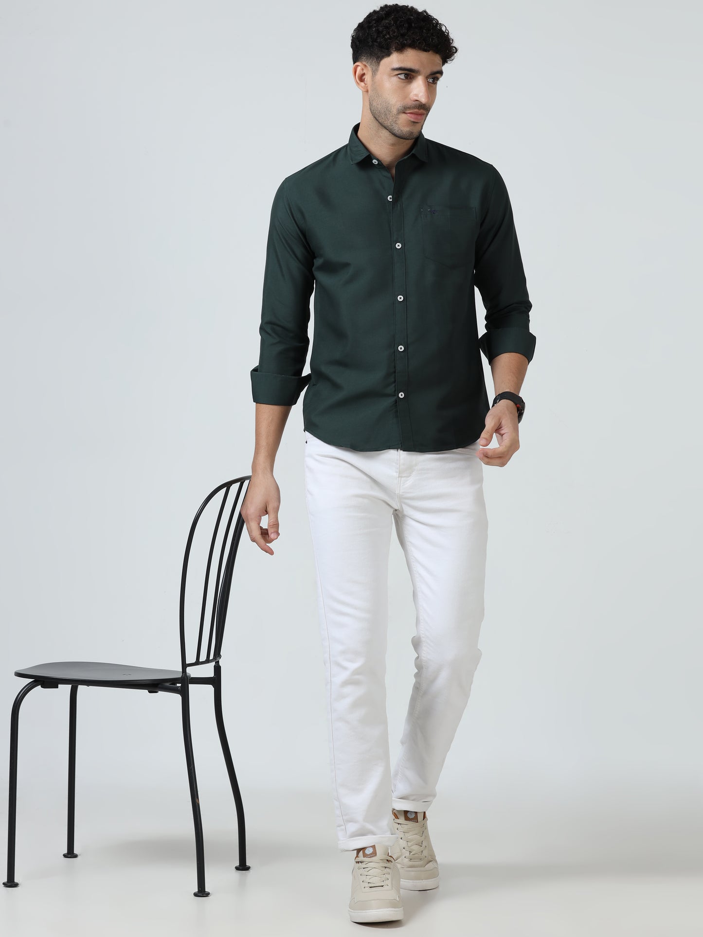Cotton Spread Collar Shirt - Dark Green