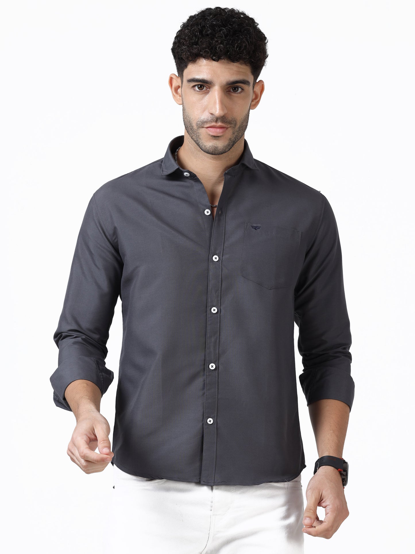 Cotton Spread Collar Shirt - Grey