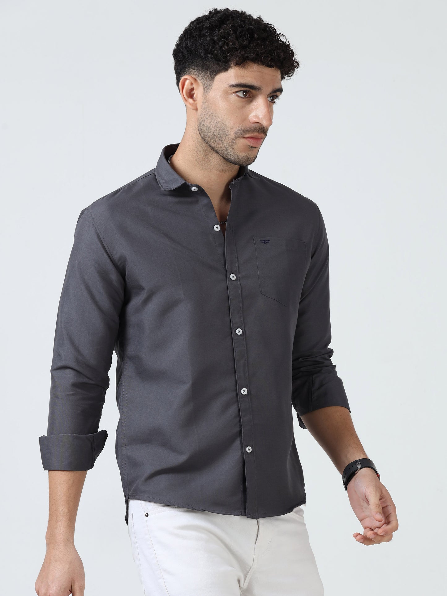 Cotton Spread Collar Shirt - Grey