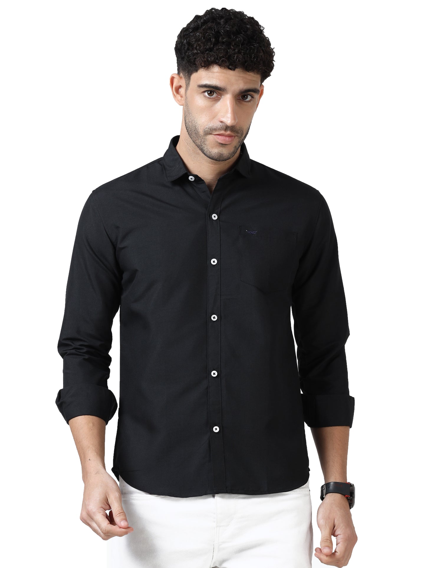 Cotton Spread Collar Shirt - Black