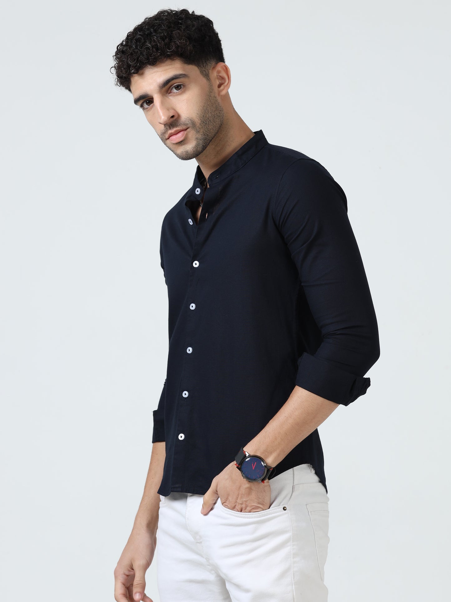 Cotton Chinese Collar Shirt - Navy Blue