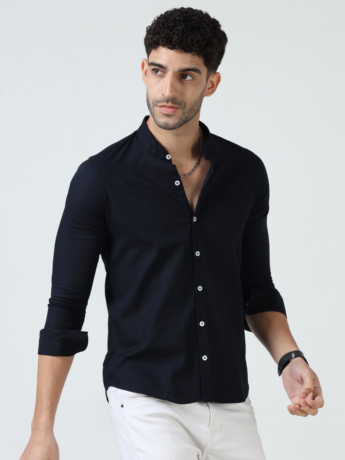 Cotton Chinese Collar Shirt - Navy Blue