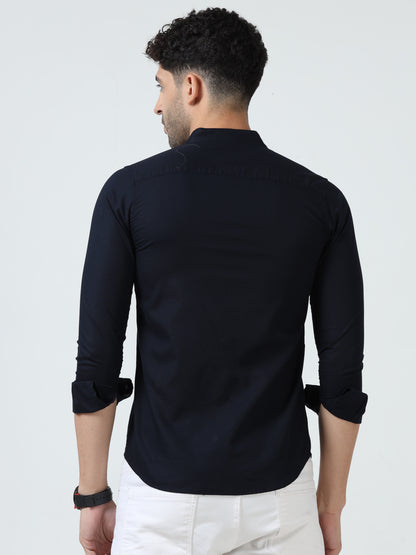 Cotton Chinese Collar Shirt - Navy Blue