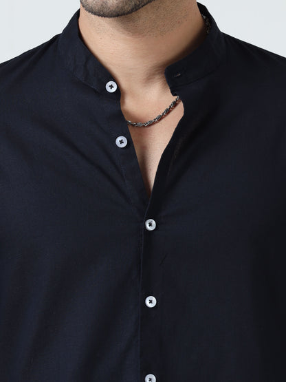Cotton Chinese Collar Shirt - Navy Blue