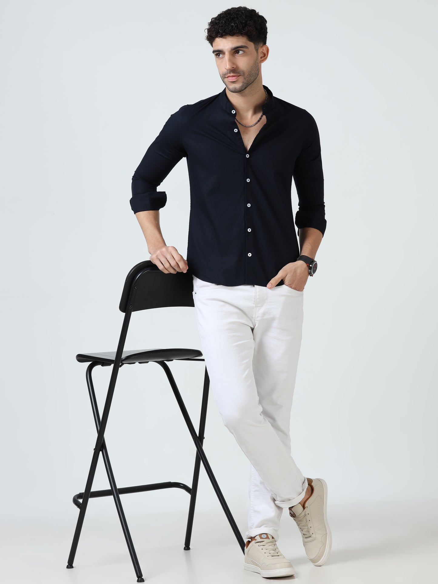 Cotton Chinese Collar Shirt - Navy Blue