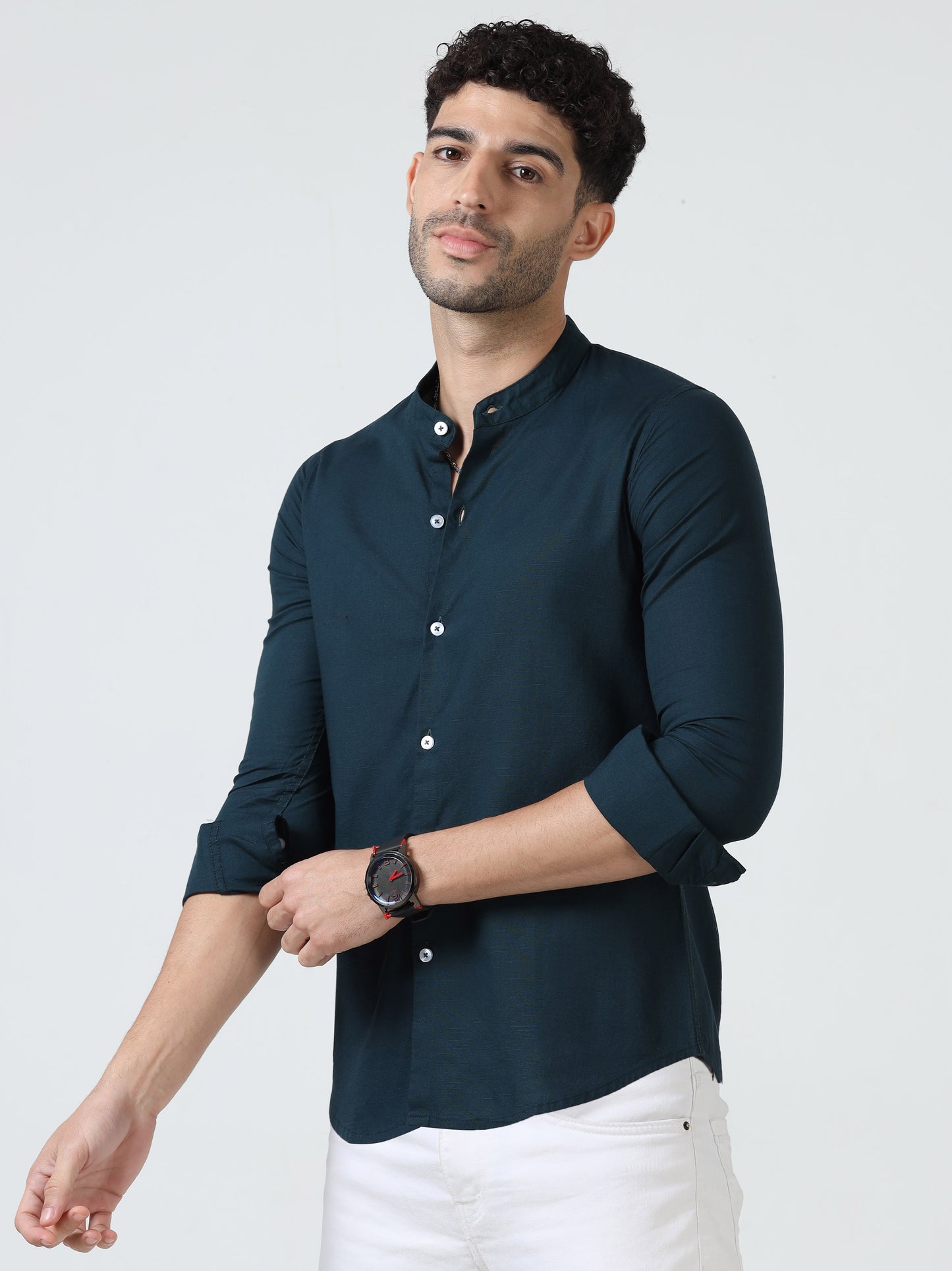 Cotton Chinese Collar Shirt - Blue