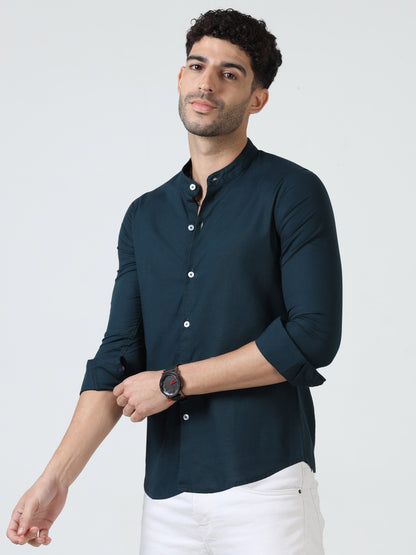 Cotton Chinese Collar Shirt - Blue