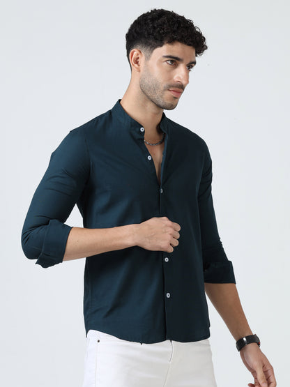 Cotton Chinese Collar Shirt - Blue