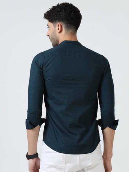 Cotton Chinese Collar Shirt - Blue