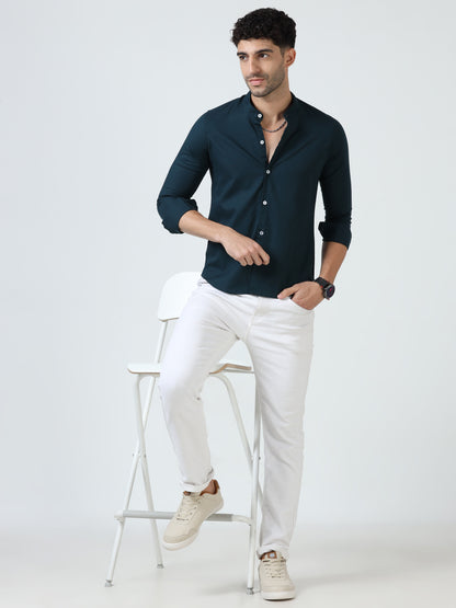 Cotton Chinese Collar Shirt - Blue