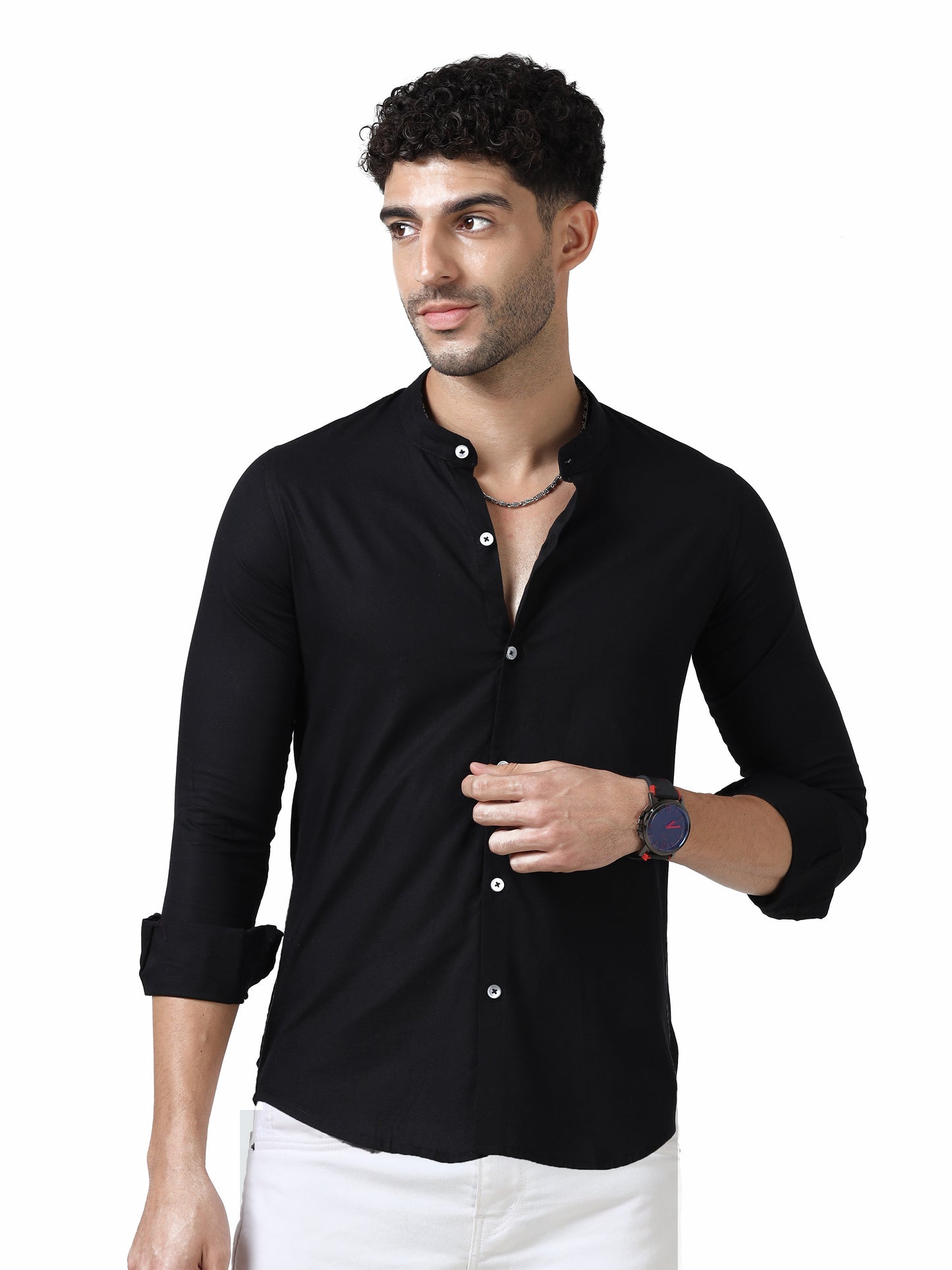 Cotton Chinese Collar Shirt - Black