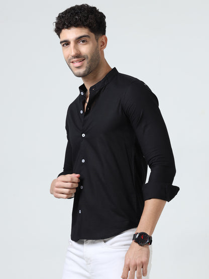 Cotton Chinese Collar Shirt - Black
