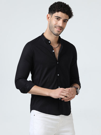 Cotton Chinese Collar Shirt - Black