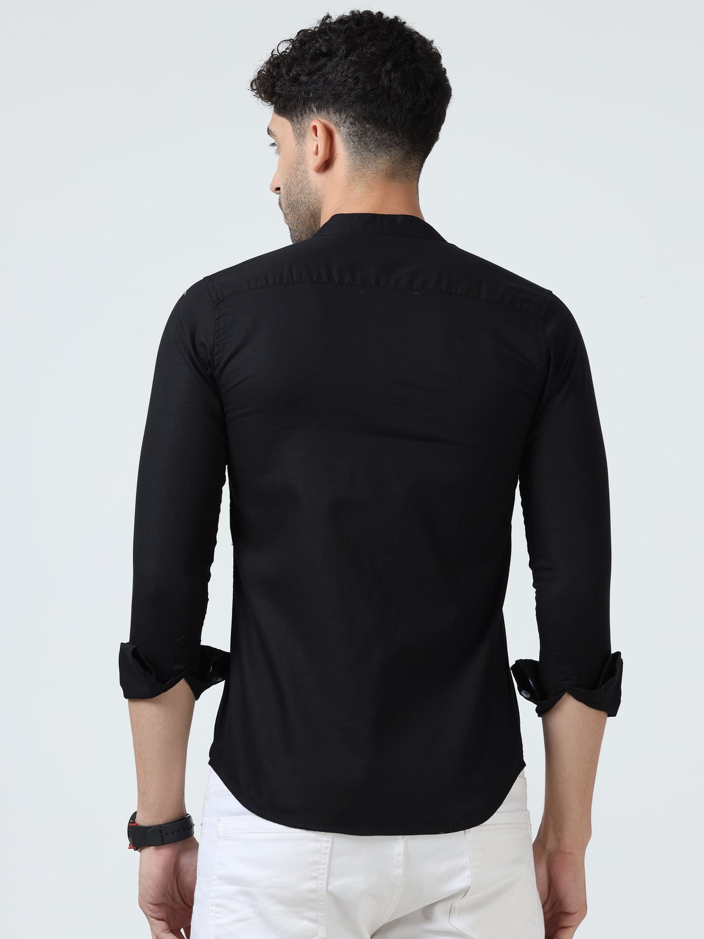 Cotton Chinese Collar Shirt - Black