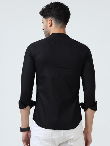 Cotton Chinese Collar Shirt - Black
