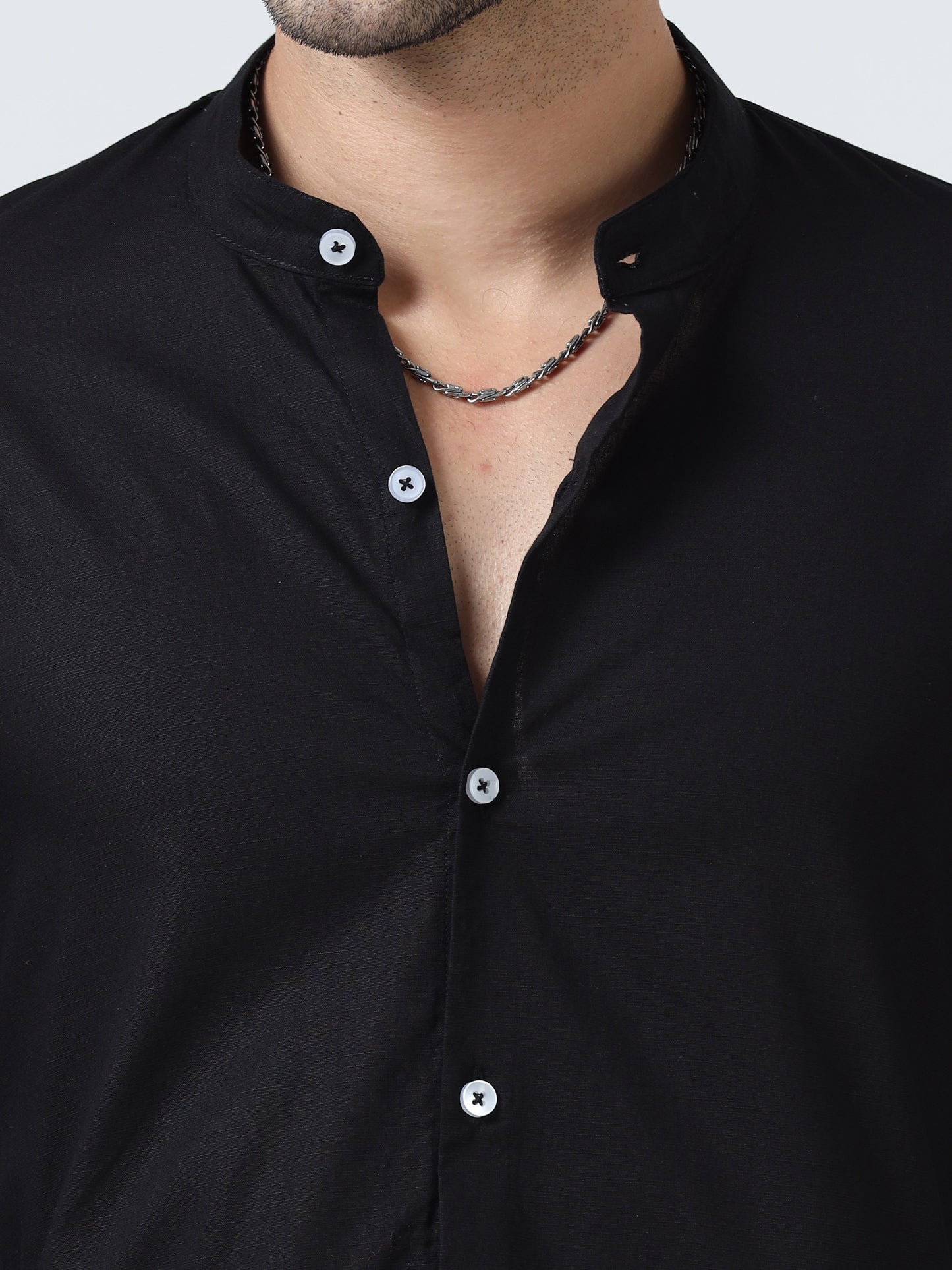 Cotton Chinese Collar Shirt - Black