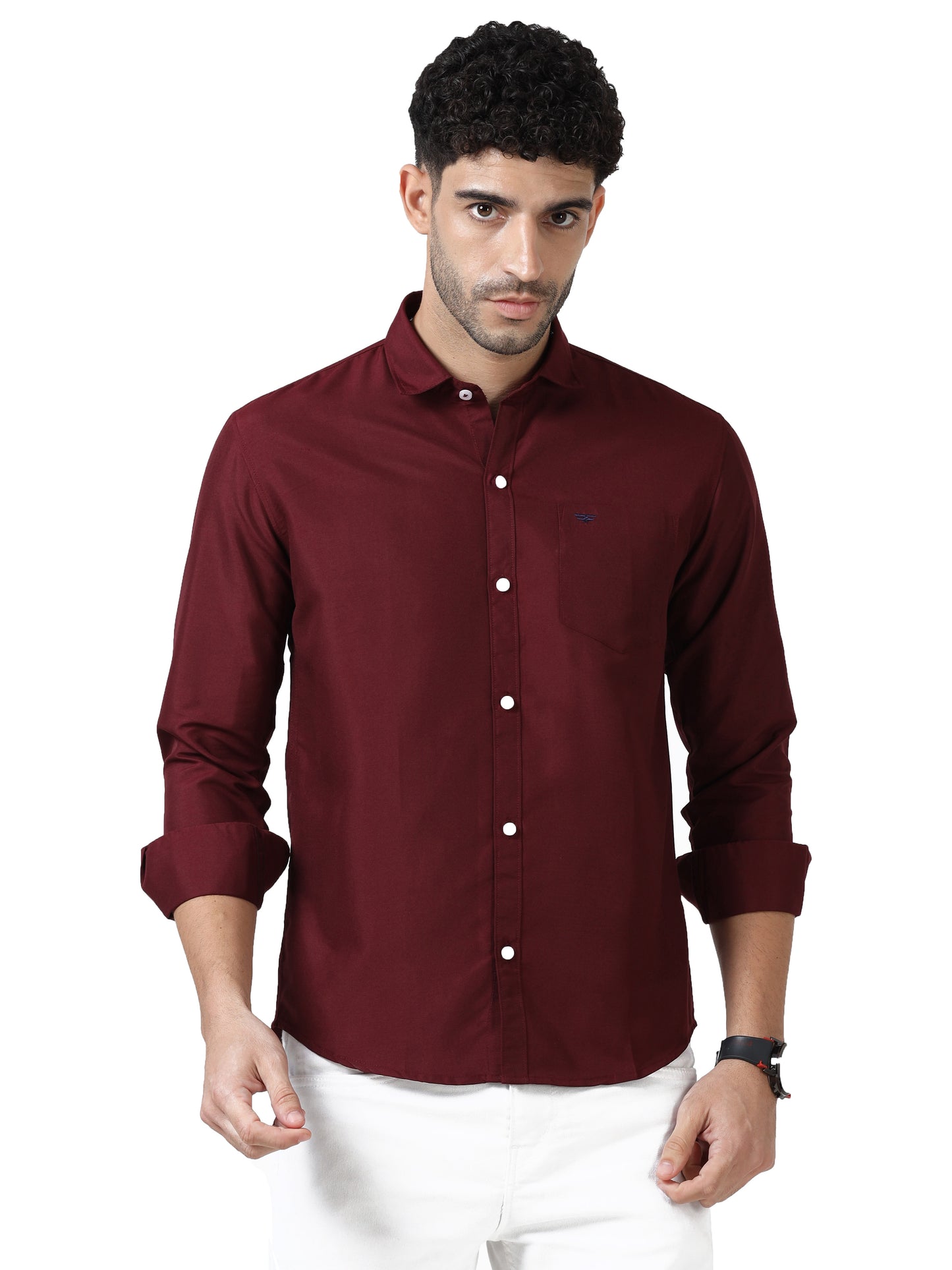 Cotton Spread Collar Shirt - Maroon