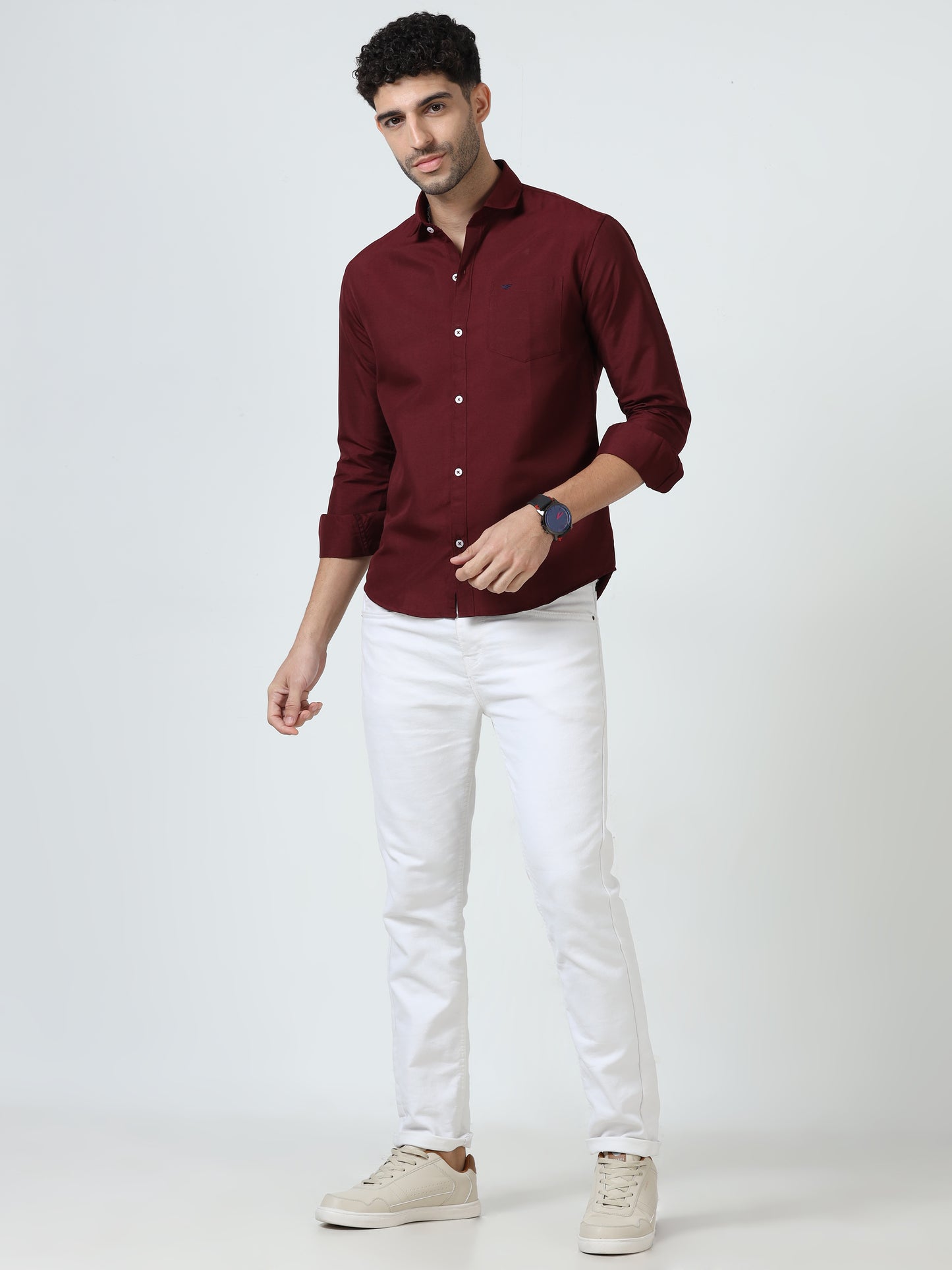 Cotton Spread Collar Shirt - Maroon