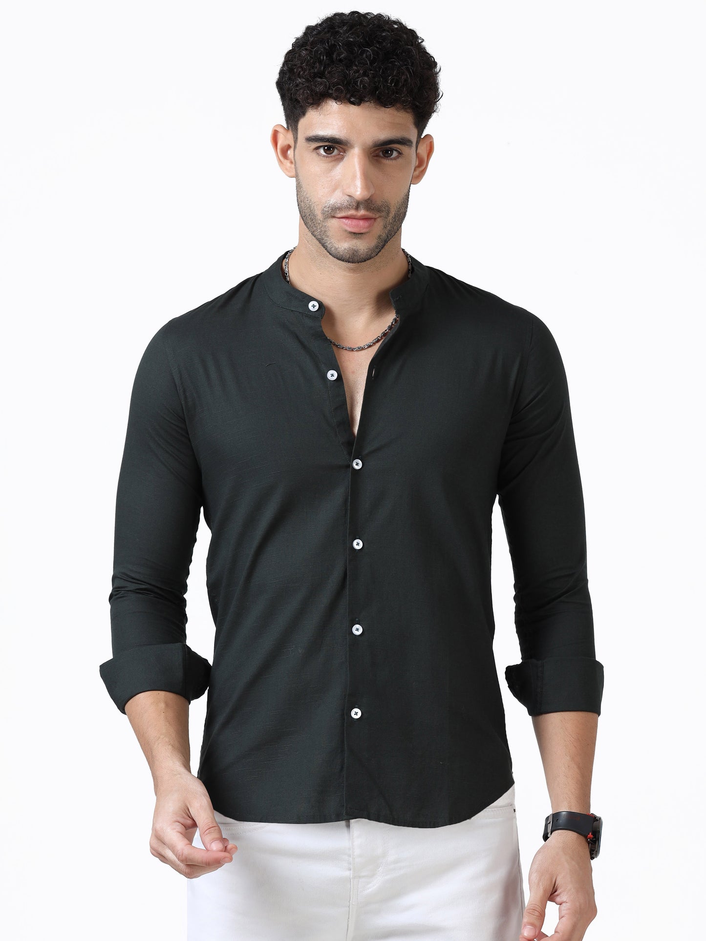 Cotton Chinese Collar Shirt - Dark Green