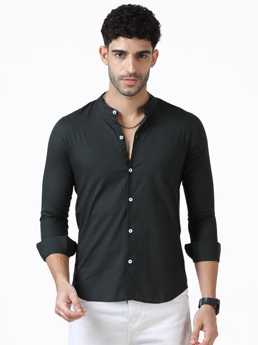 Cotton Chinese Collar Shirt - Dark Green