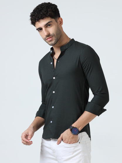 Cotton Chinese Collar Shirt - Dark Green