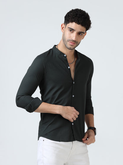 Cotton Chinese Collar Shirt - Dark Green