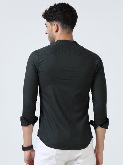 Cotton Chinese Collar Shirt - Dark Green