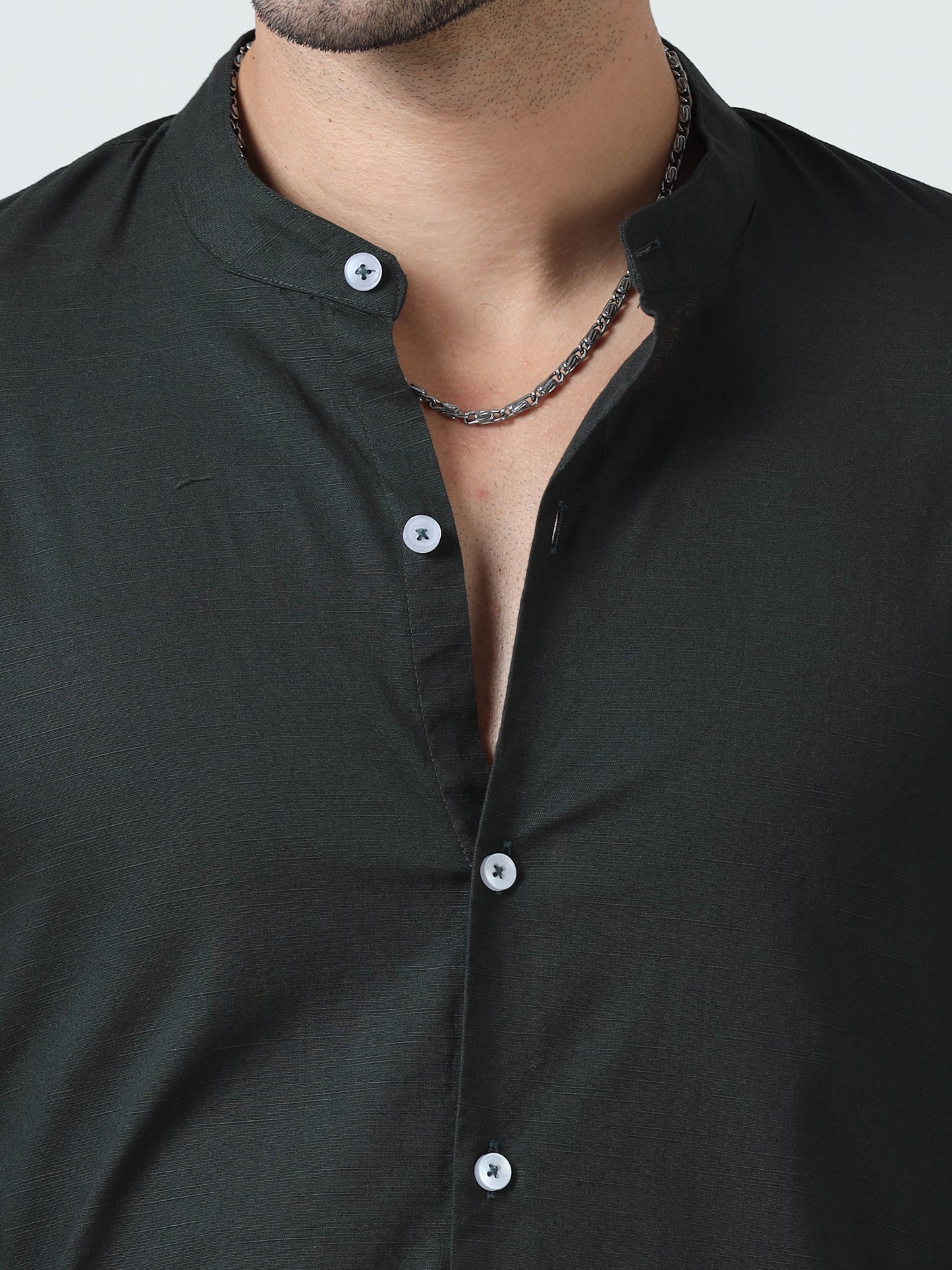 Cotton Chinese Collar Shirt - Dark Green