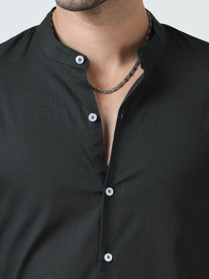 Cotton Chinese Collar Shirt - Dark Green