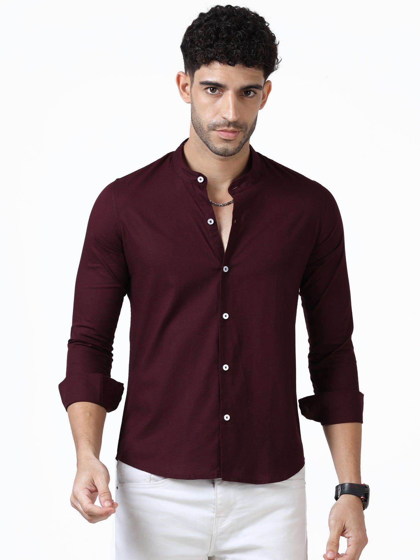 Cotton Chinese Collar Shirt - Maroon