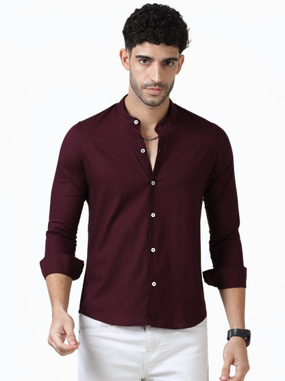 Cotton Chinese Collar Shirt - Maroon