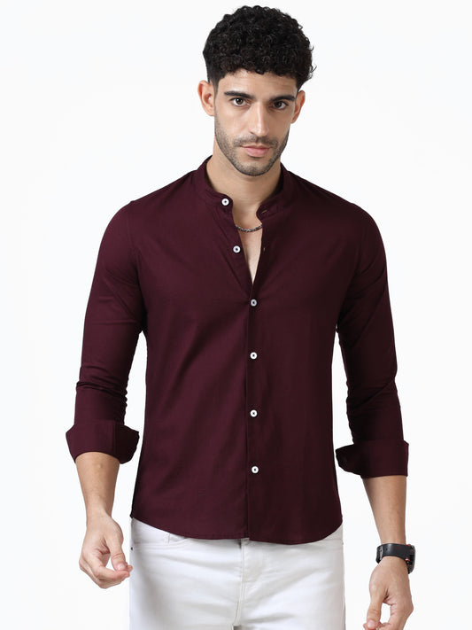 Cotton Chinese Collar Shirt - Maroon