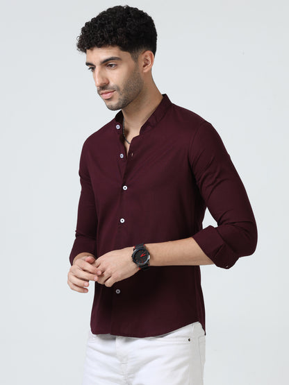 Cotton Chinese Collar Shirt - Maroon