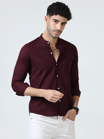 Cotton Chinese Collar Shirt - Maroon