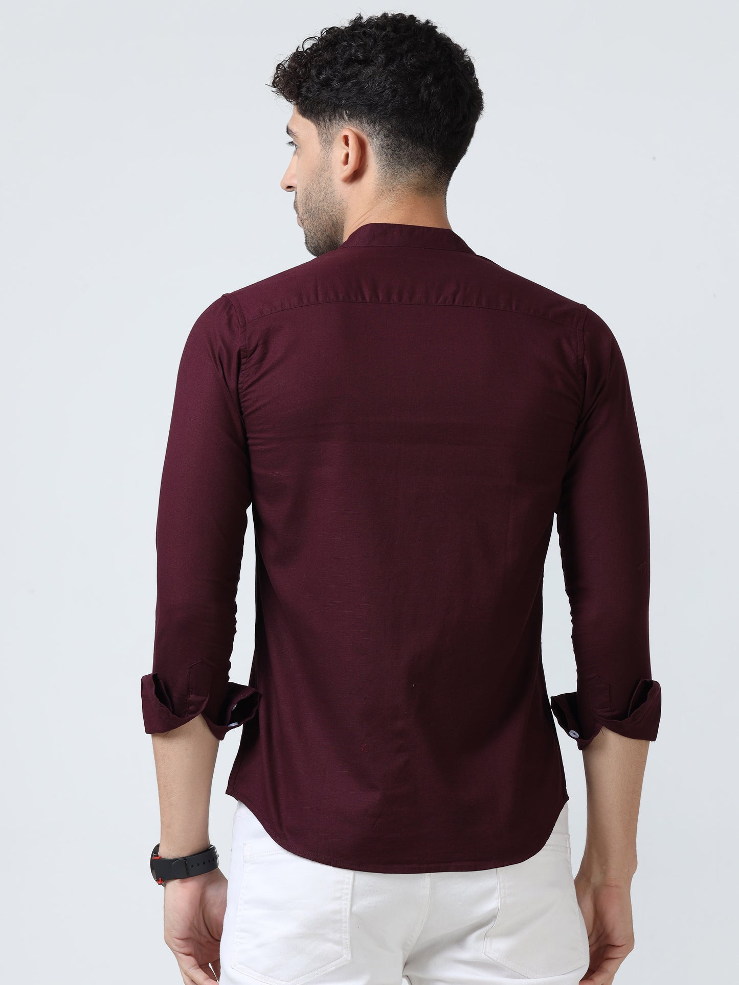 Cotton Chinese Collar Shirt - Maroon