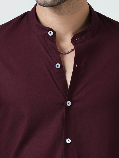 Cotton Chinese Collar Shirt - Maroon