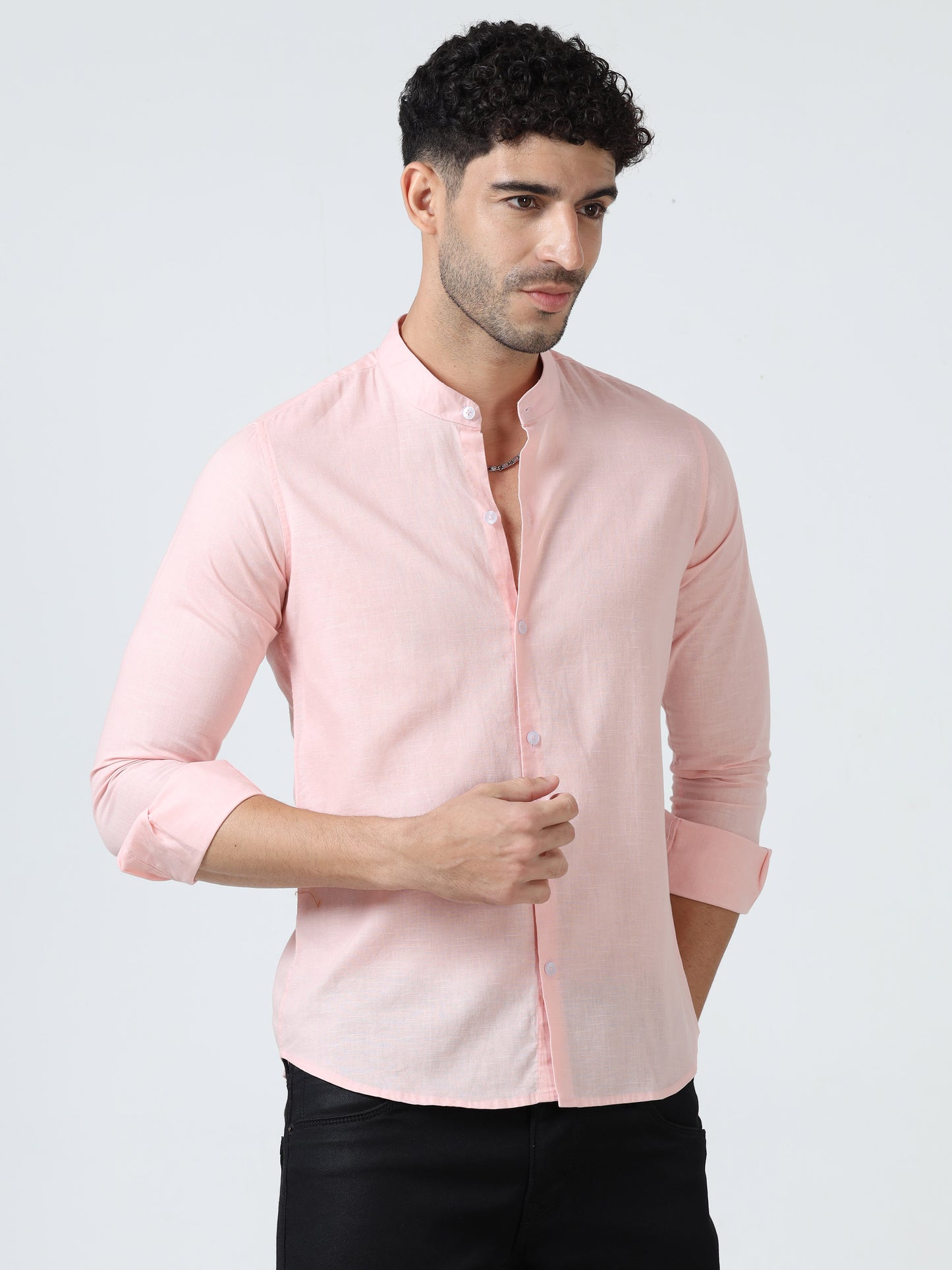 Cotton Chinese Collar Shirt - Pink