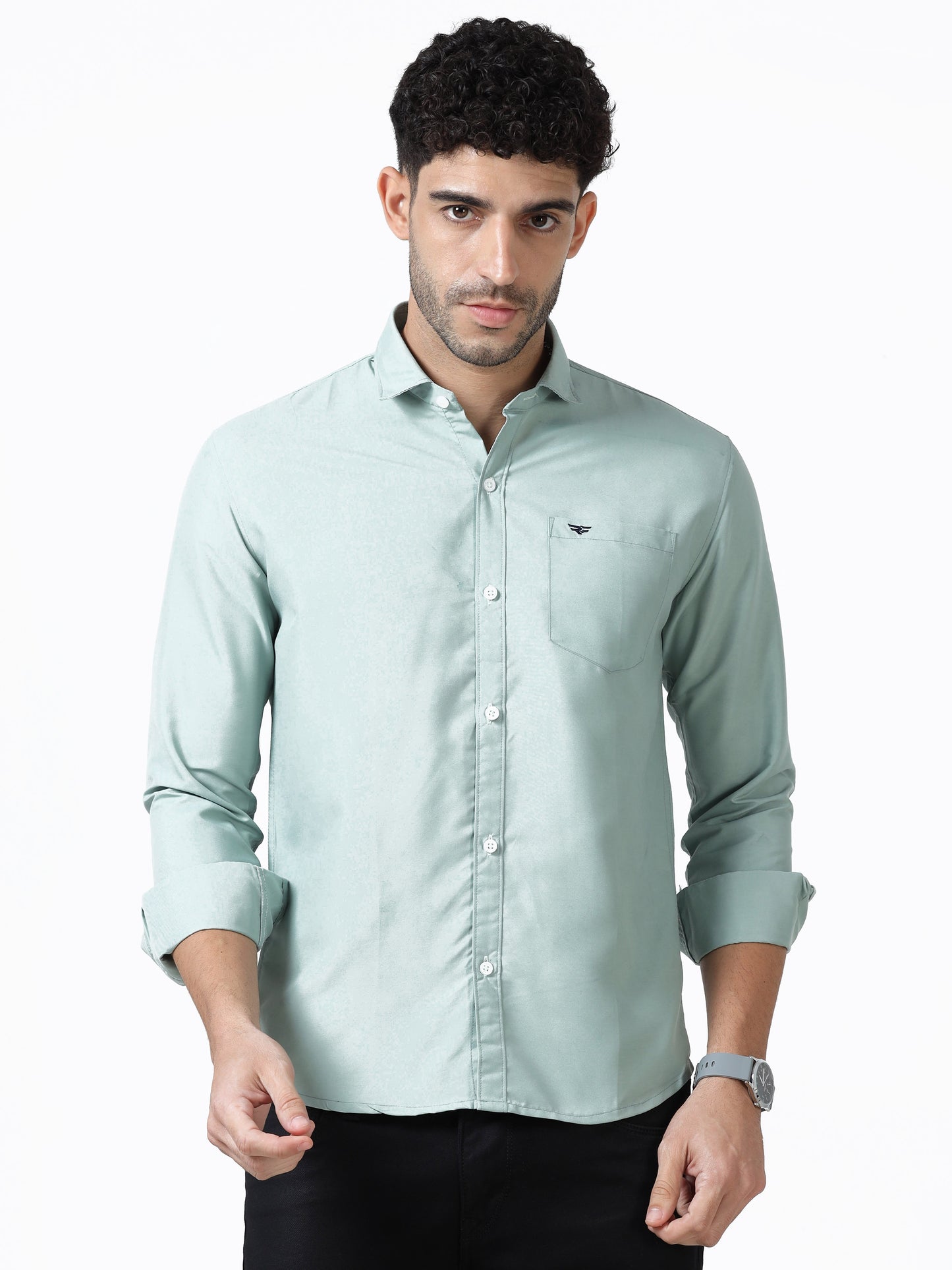 Cotton Spread Collar Shirt - Light Green
