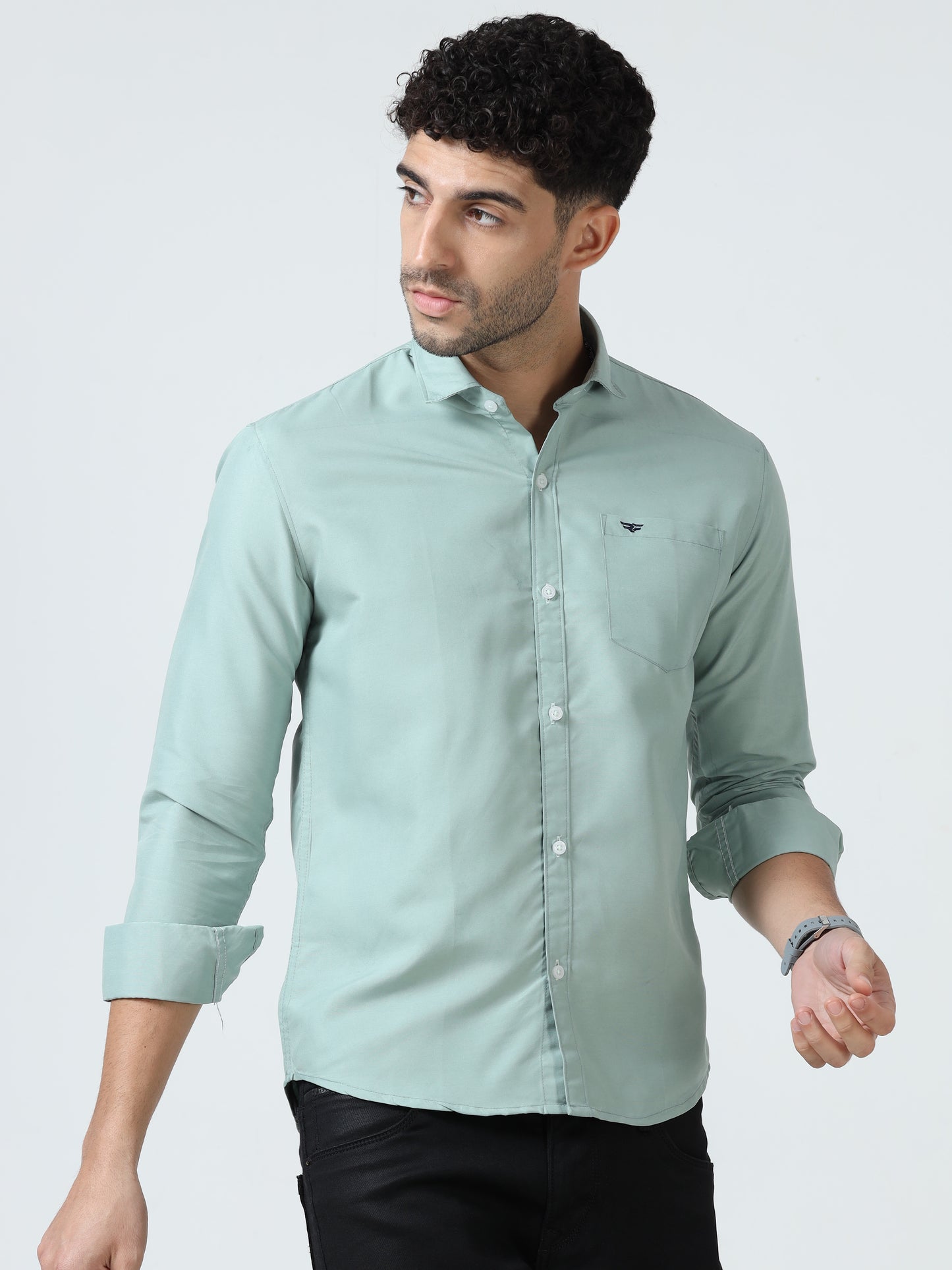 Cotton Spread Collar Shirt - Light Green