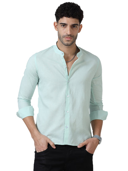 Cotton Chinese Collar Shirt - LightGreen