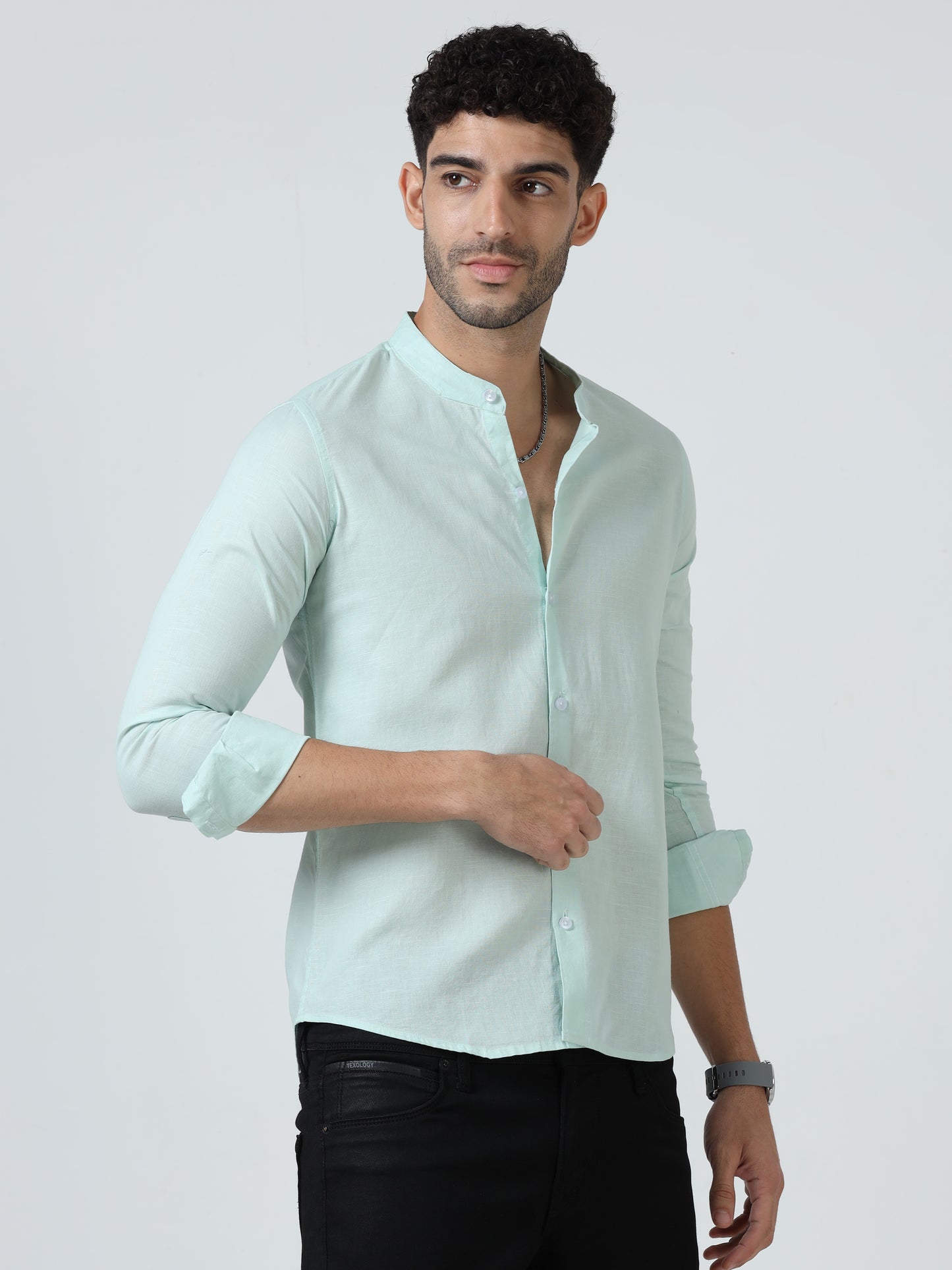Cotton Chinese Collar Shirt - LightGreen