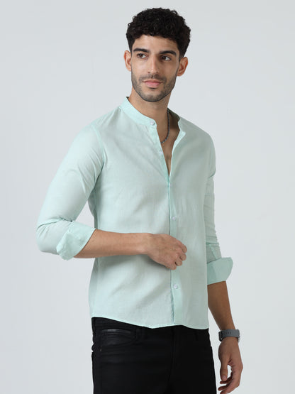 Cotton Chinese Collar Shirt - LightGreen