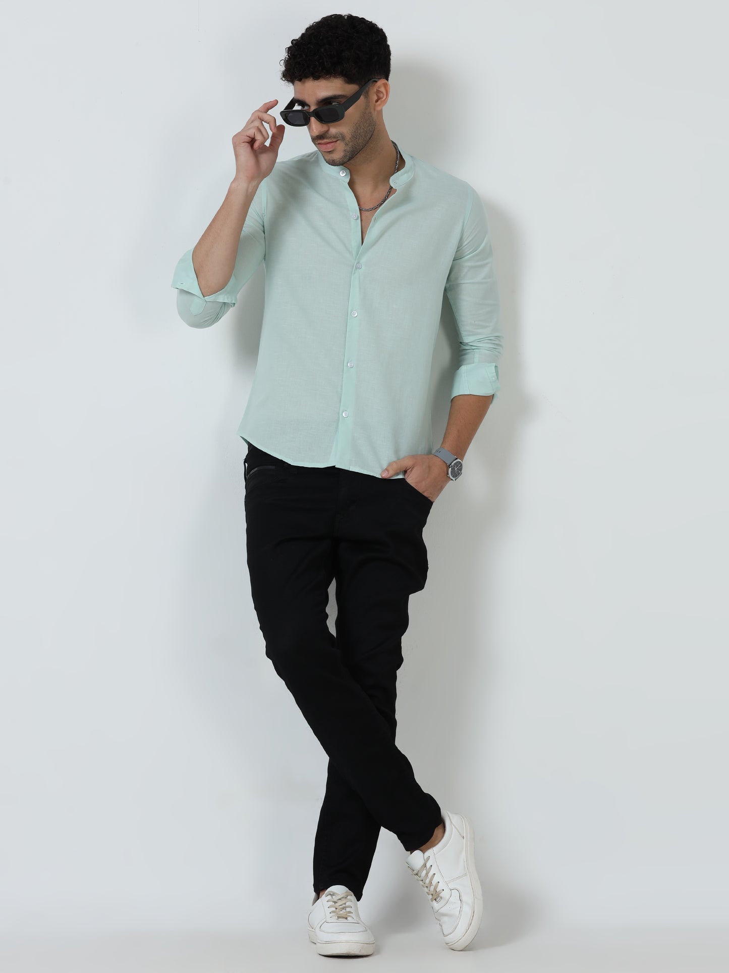 Cotton Chinese Collar Shirt - LightGreen