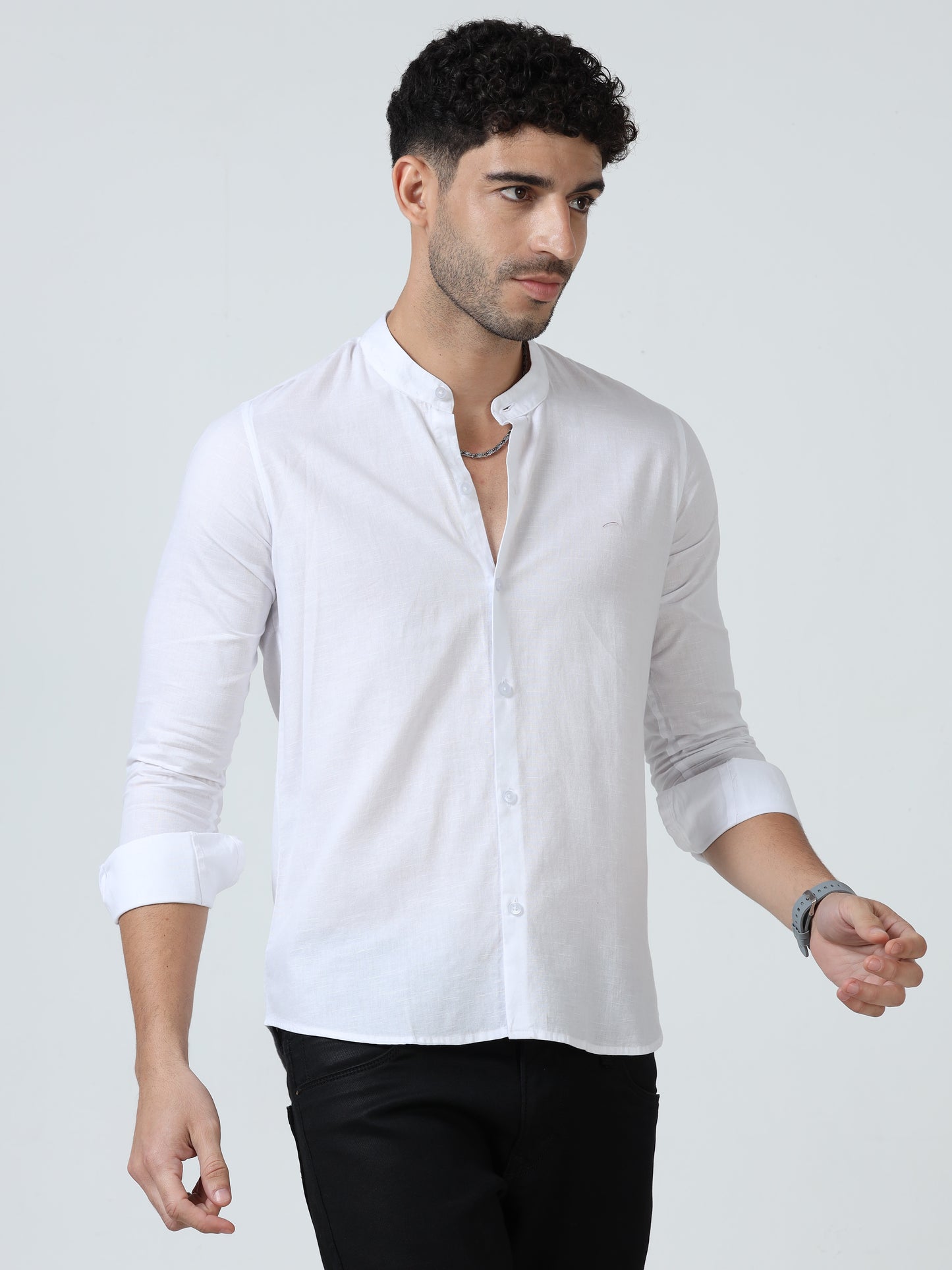 Cotton Chinese Collar Shirt - White