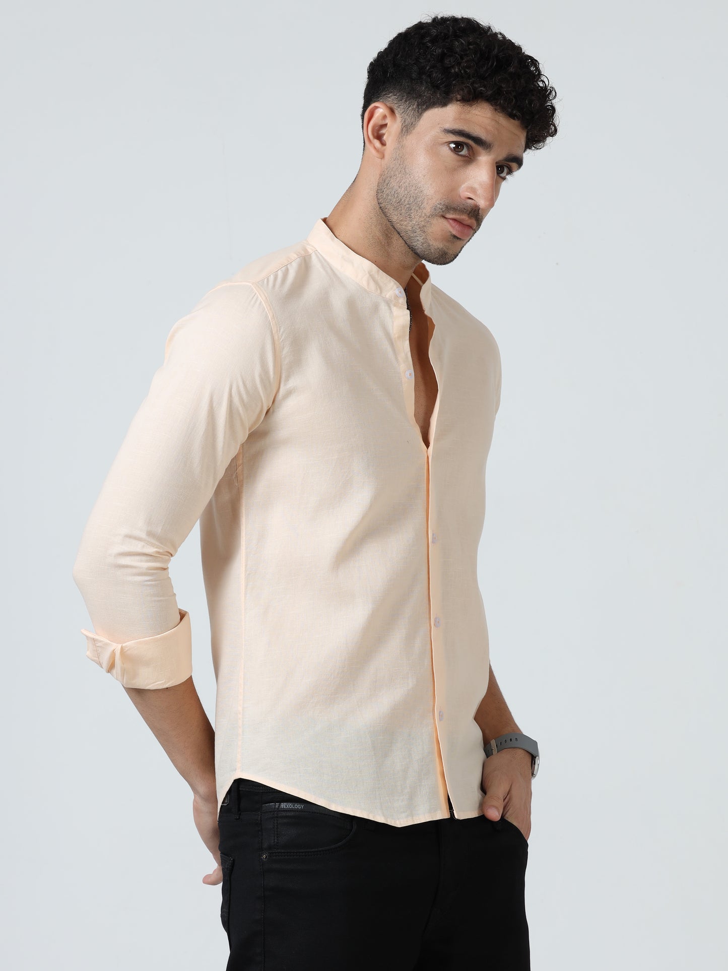 Cotton Chinese Collar Shirt - Cream