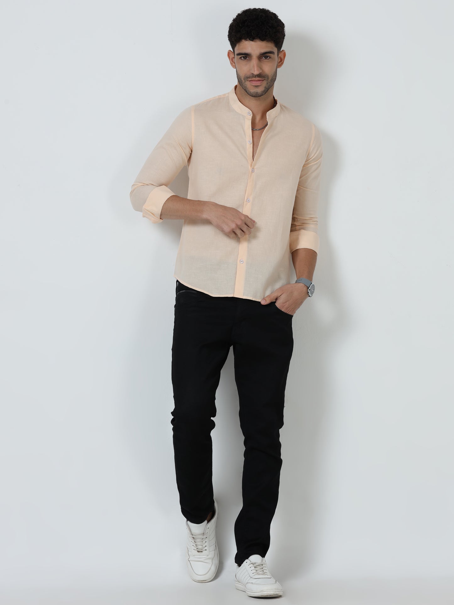 Cotton Chinese Collar Shirt - Cream